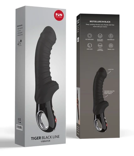 Чёрный вибратор с рёбрышками Tiger Black Line - 22,3 см.